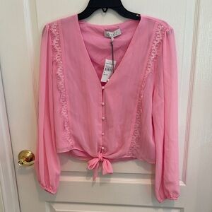 Wayf Pink Lace Button-Up Blouse